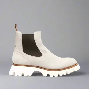 White Italian Suede Leather Combat Hiking Boots with Chunky Track Sole - Boots