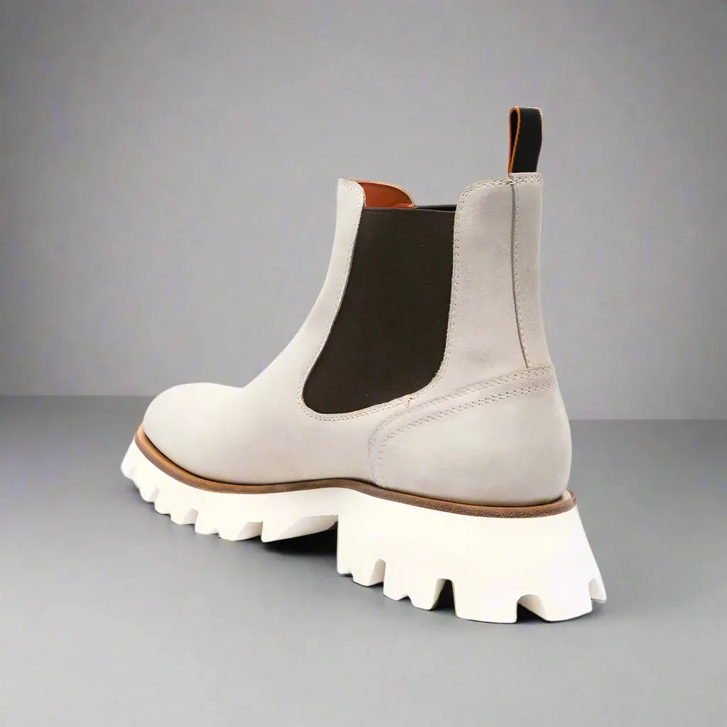 White Italian Suede Leather Combat Hiking Boots with Chunky Track Sole - Boots