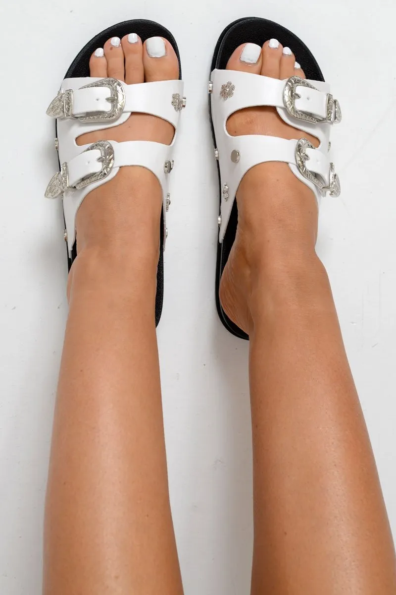 White PU Snowflake Western Buckle Sandals - Ellington