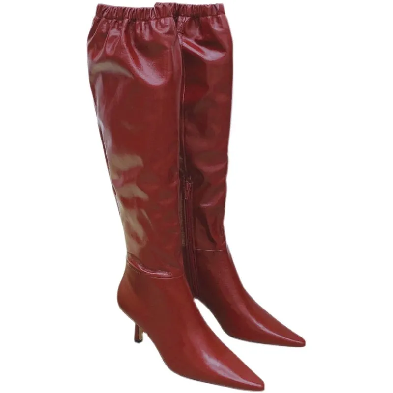 Women Fashion Knee-high Boots Leather Elastic Band Stiletto