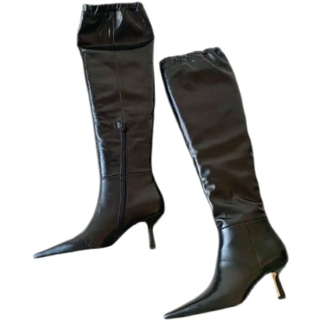 Women Fashion Knee-high Boots Leather Elastic Band Stiletto