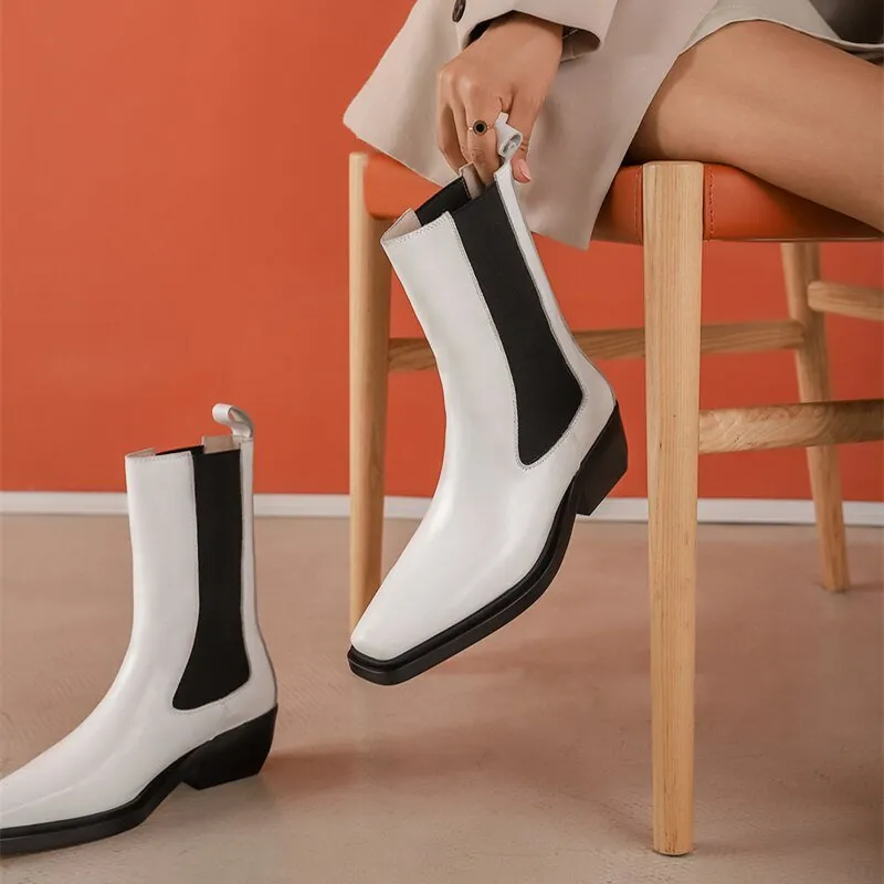 Women Square Toe Chunky Heel Chelsea Real Leather Med Heel Ankle Boots