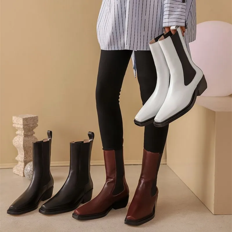 Women Square Toe Chunky Heel Chelsea Real Leather Med Heel Ankle Boots