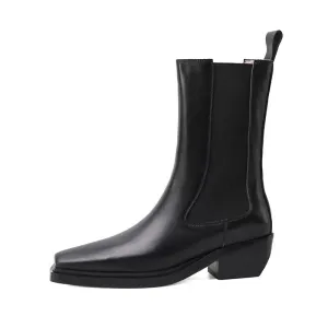 Women Square Toe Chunky Heel Chelsea Real Leather Med Heel Ankle Boots
