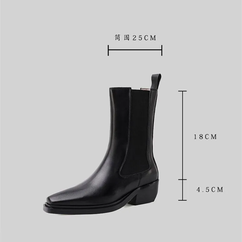 Women Square Toe Chunky Heel Chelsea Real Leather Med Heel Ankle Boots
