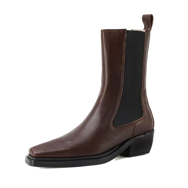Women Square Toe Chunky Heel Chelsea Real Leather Med Heel Ankle Boots