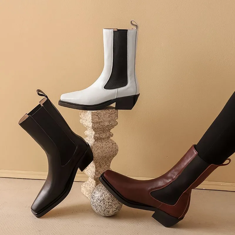 Women Square Toe Chunky Heel Chelsea Real Leather Med Heel Ankle Boots