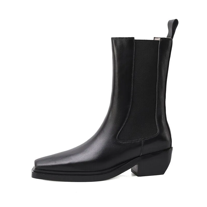 Women Square Toe Chunky Heel Chelsea Real Leather Med Heel Ankle Boots