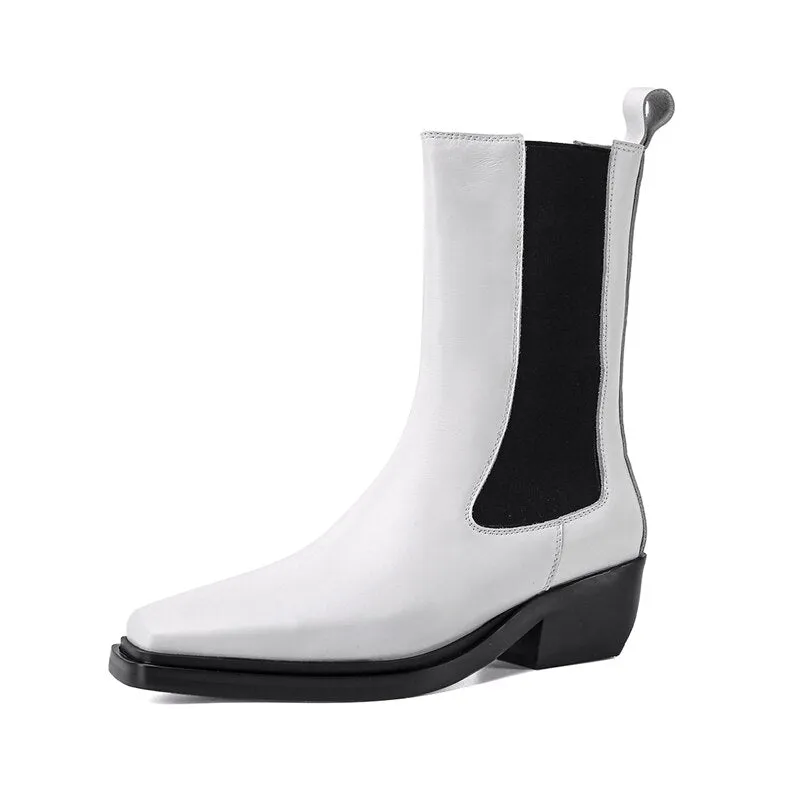 Women Square Toe Chunky Heel Chelsea Real Leather Med Heel Ankle Boots