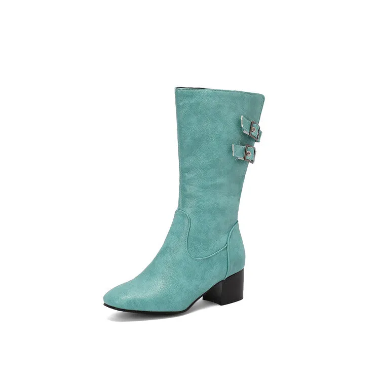 Women's Buckle Strap Round Toe Block Heel Mid Calf Boots