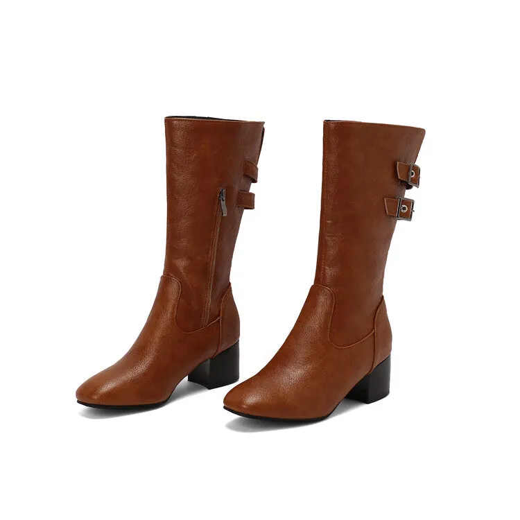 Women's Buckle Strap Round Toe Block Heel Mid Calf Boots