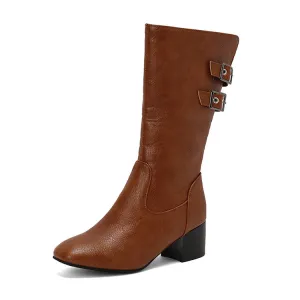 Women's Buckle Strap Round Toe Block Heel Mid Calf Boots