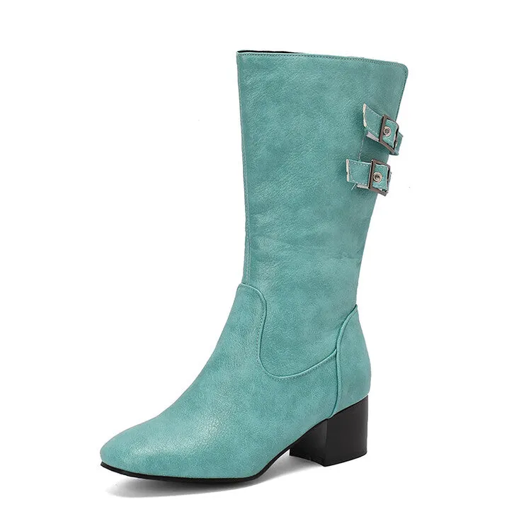 Women's Buckle Strap Round Toe Block Heel Mid Calf Boots