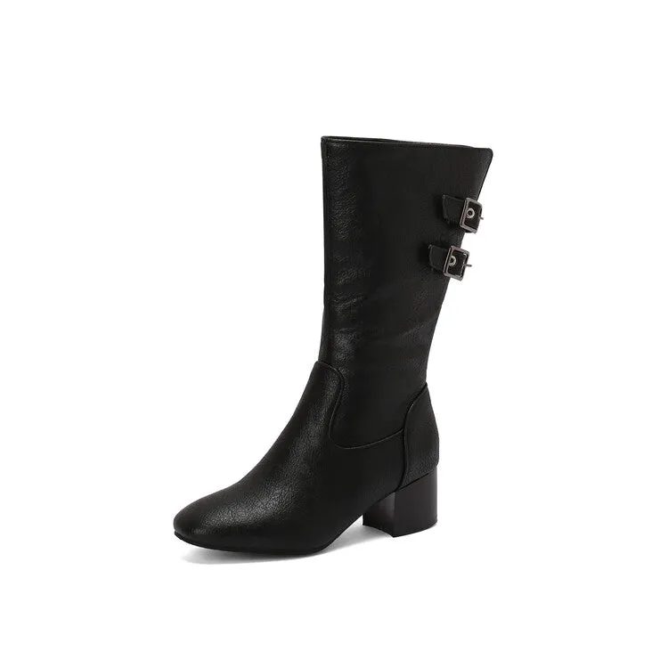 Women's Buckle Strap Round Toe Block Heel Mid Calf Boots