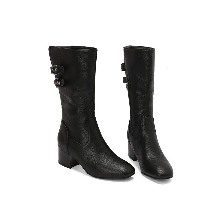 Women's Buckle Strap Round Toe Block Heel Mid Calf Boots