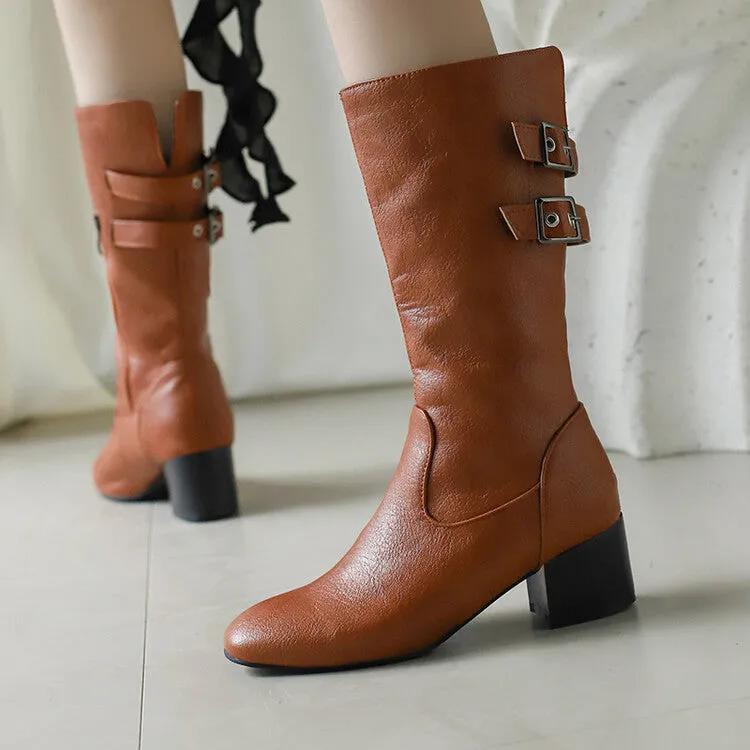 Women's Buckle Strap Round Toe Block Heel Mid Calf Boots