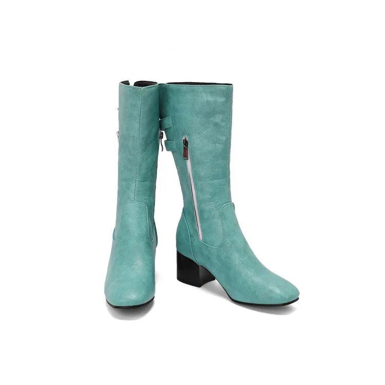 Women's Buckle Strap Round Toe Block Heel Mid Calf Boots