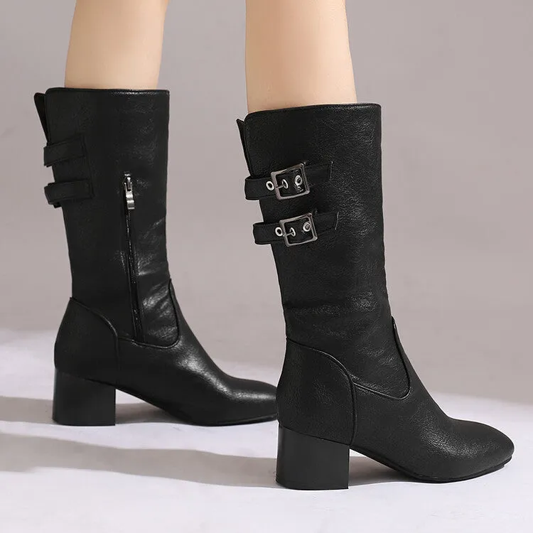 Women's Buckle Strap Round Toe Block Heel Mid Calf Boots