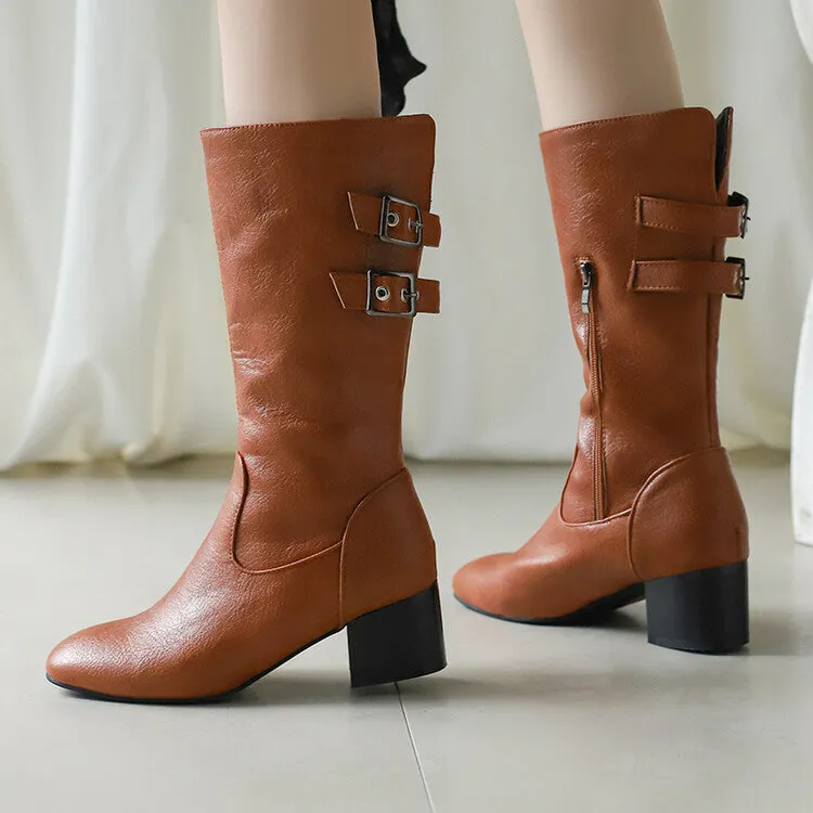 Women's Buckle Strap Round Toe Block Heel Mid Calf Boots