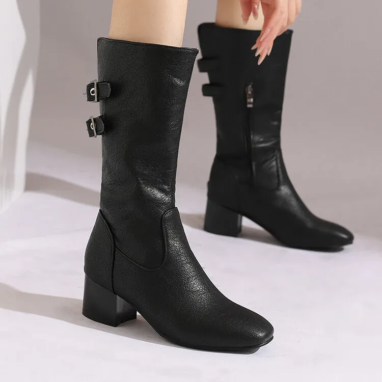 Women's Buckle Strap Round Toe Block Heel Mid Calf Boots