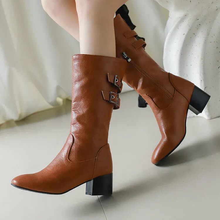 Women's Buckle Strap Round Toe Block Heel Mid Calf Boots