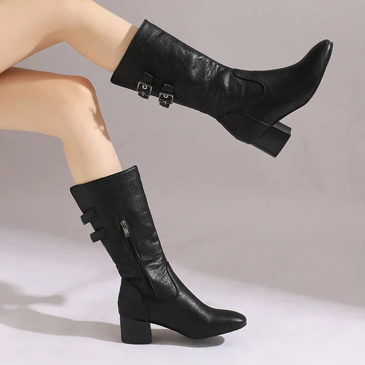 Women's Buckle Strap Round Toe Block Heel Mid Calf Boots