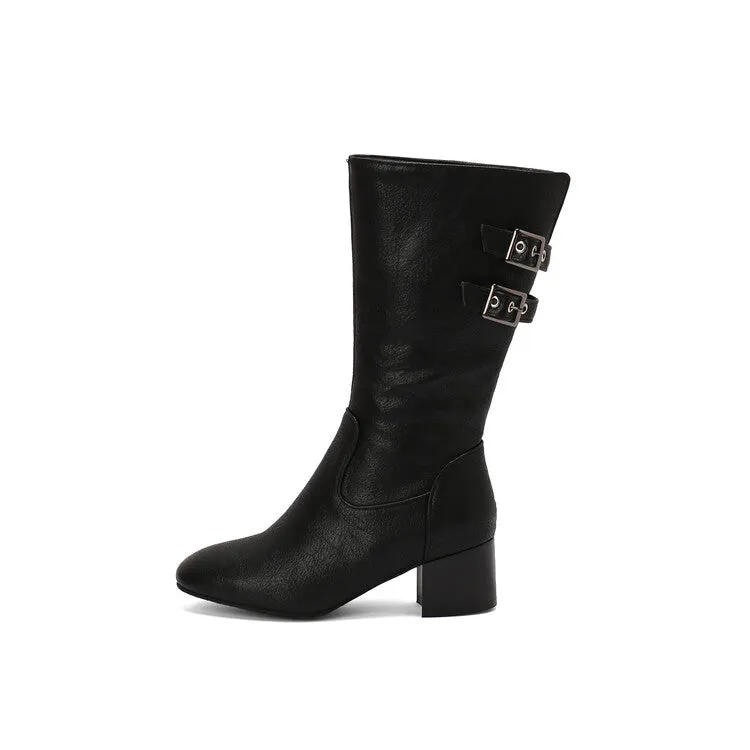 Women's Buckle Strap Round Toe Block Heel Mid Calf Boots
