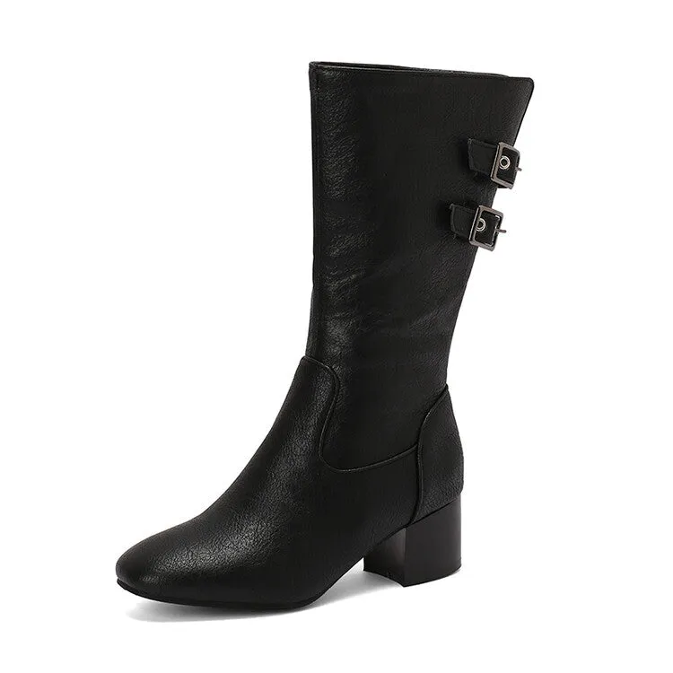 Women's Buckle Strap Round Toe Block Heel Mid Calf Boots