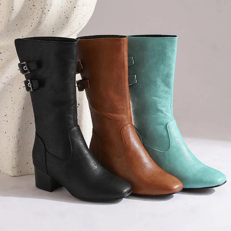 Women's Buckle Strap Round Toe Block Heel Mid Calf Boots