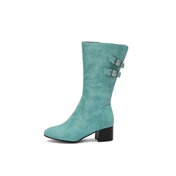 Women's Buckle Strap Round Toe Block Heel Mid Calf Boots
