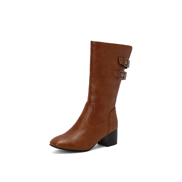 Women's Buckle Strap Round Toe Block Heel Mid Calf Boots
