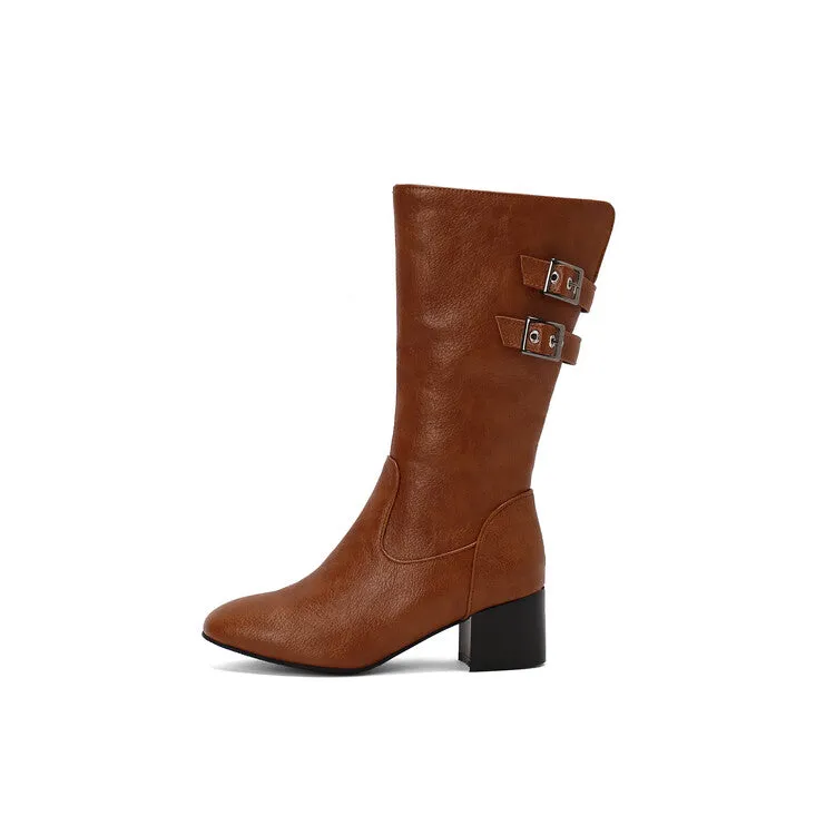 Women's Buckle Strap Round Toe Block Heel Mid Calf Boots