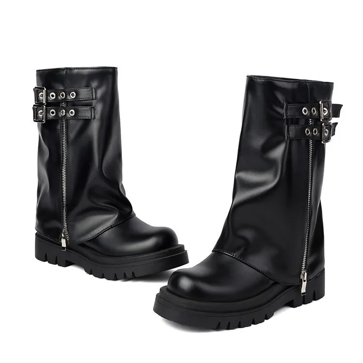 Women's Buckle Strap Round Toe Flat Platform Mid Calf Boots