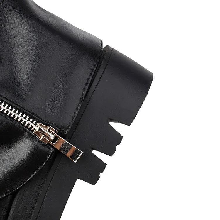 Women's Buckle Strap Round Toe Flat Platform Mid Calf Boots