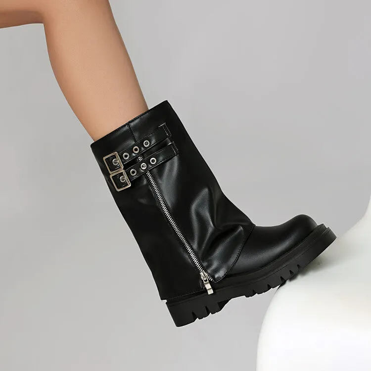 Women's Buckle Strap Round Toe Flat Platform Mid Calf Boots