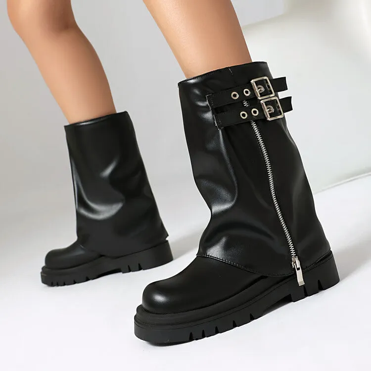 Women's Buckle Strap Round Toe Flat Platform Mid Calf Boots