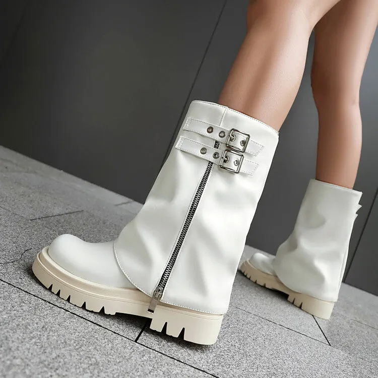 Women's Buckle Strap Round Toe Flat Platform Mid Calf Boots