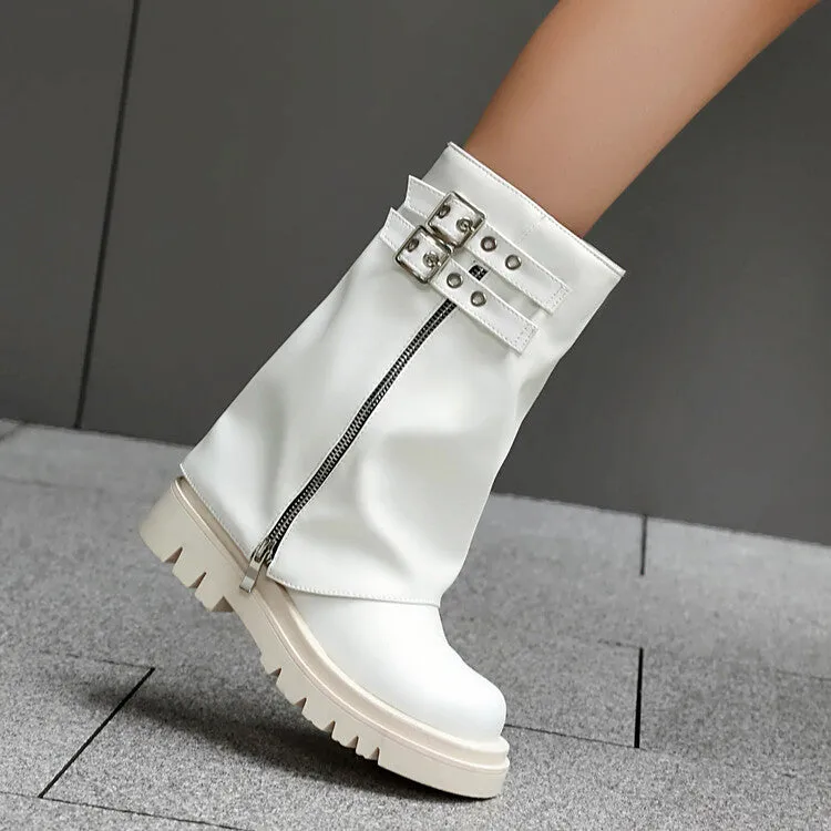 Women's Buckle Strap Round Toe Flat Platform Mid Calf Boots
