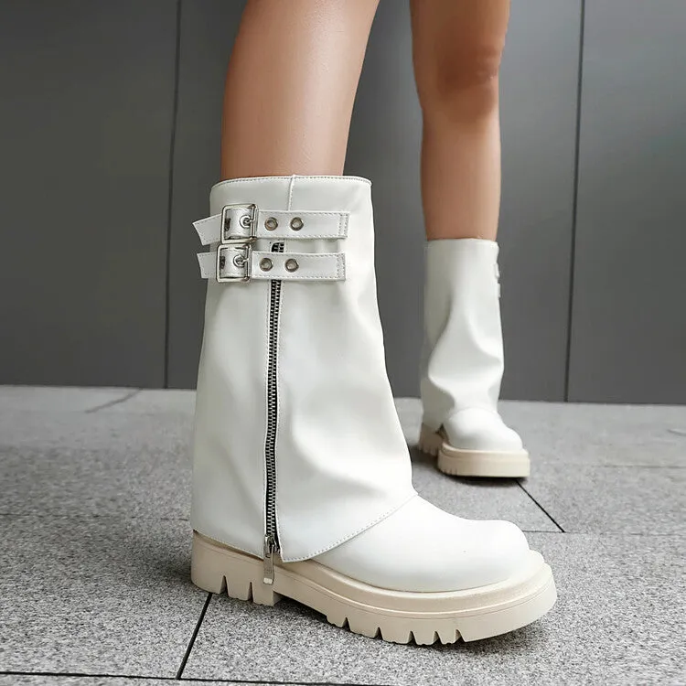 Women's Buckle Strap Round Toe Flat Platform Mid Calf Boots
