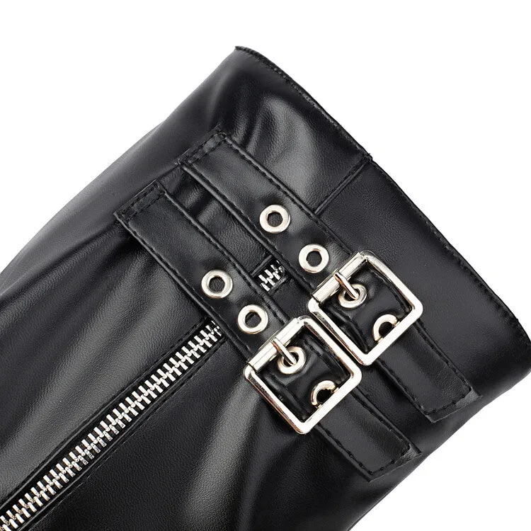 Women's Buckle Strap Round Toe Flat Platform Mid Calf Boots