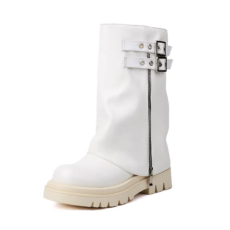 Women's Buckle Strap Round Toe Flat Platform Mid Calf Boots