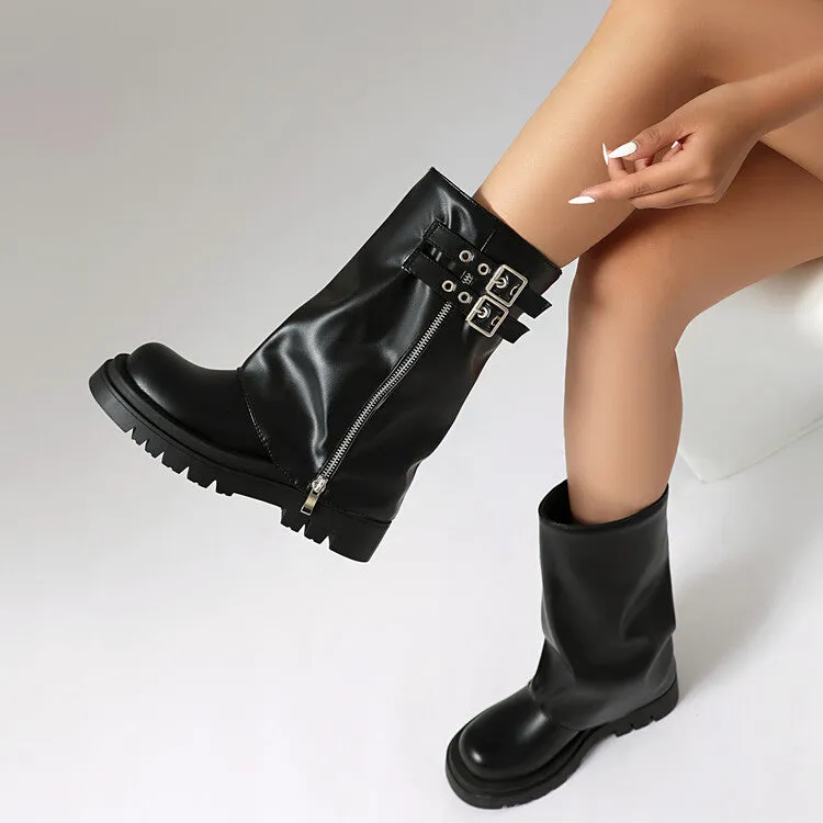 Women's Buckle Strap Round Toe Flat Platform Mid Calf Boots