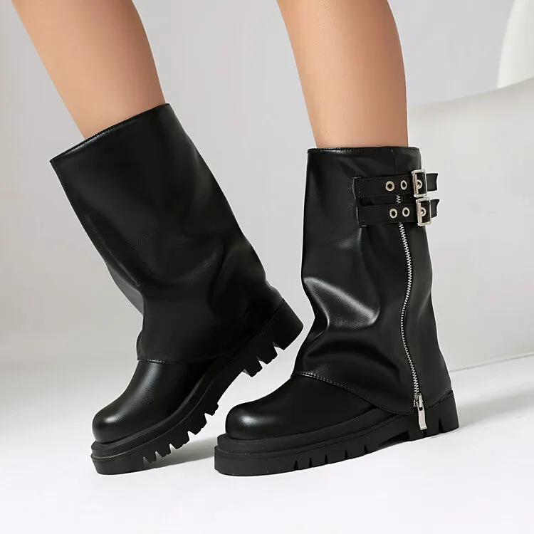 Women's Buckle Strap Round Toe Flat Platform Mid Calf Boots