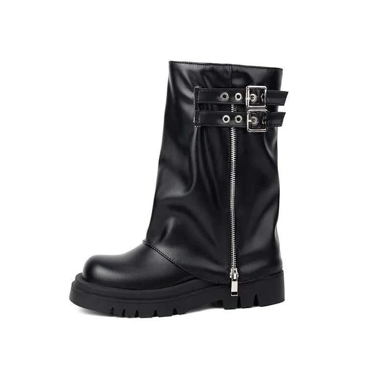 Women's Buckle Strap Round Toe Flat Platform Mid Calf Boots