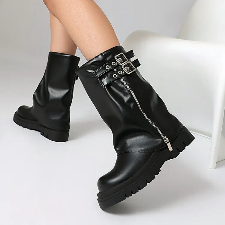 Women's Buckle Strap Round Toe Flat Platform Mid Calf Boots