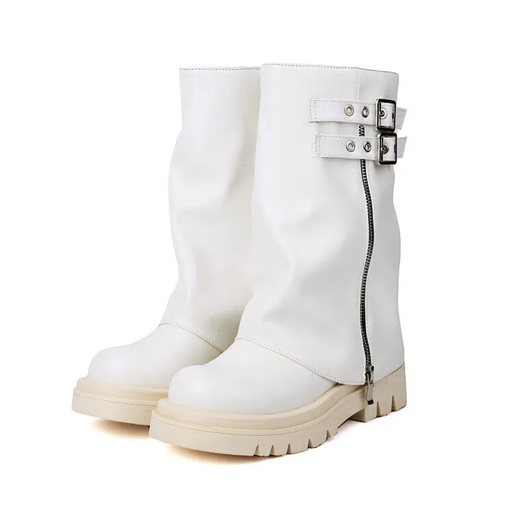 Women's Buckle Strap Round Toe Flat Platform Mid Calf Boots