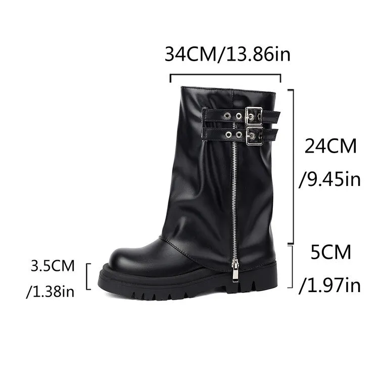 Women's Buckle Strap Round Toe Flat Platform Mid Calf Boots