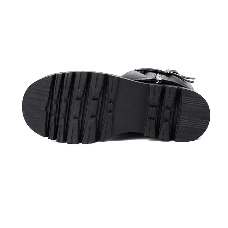 Women's Buckle Strap Round Toe Flat Platform Mid Calf Boots