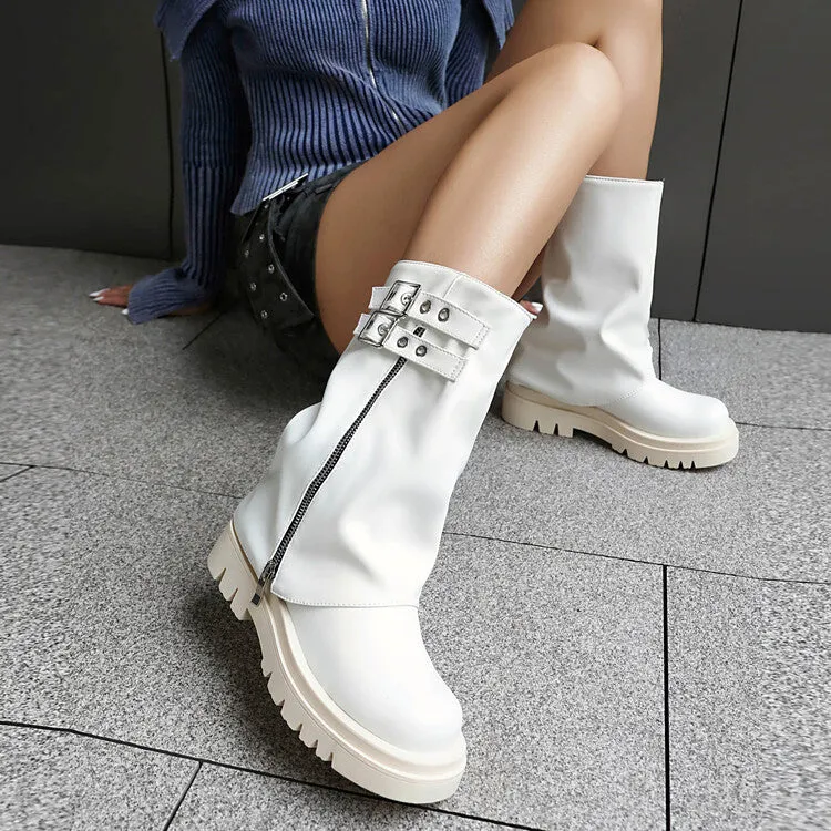 Women's Buckle Strap Round Toe Flat Platform Mid Calf Boots
