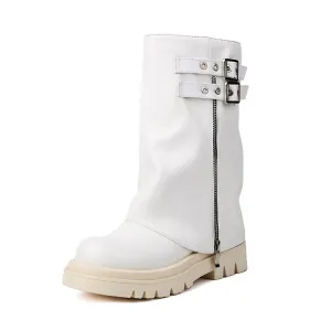Women's Buckle Strap Round Toe Flat Platform Mid Calf Boots